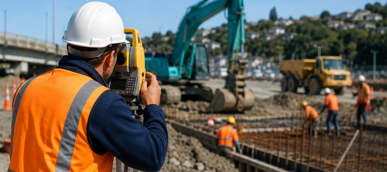 Civil construction workers operating heavy machinery and working on a large infrastructure project site in New Zealand under clear daylight skies