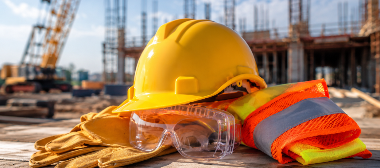 Construction safety gear including hard hat, gloves, goggles, and high-visibility vest on a New Zealand construction site.